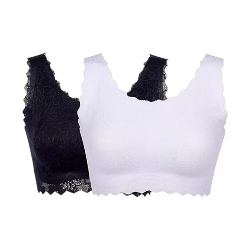 Rhonda Shear 2Pk Lace Body Bra Size XL Black White Floral Scalloped Edge Lounge